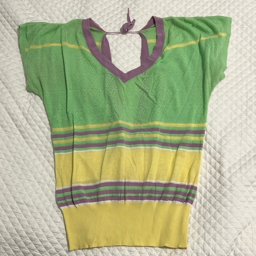 Calibri top green/yellow/purple stripe V shape neck open back size S-M